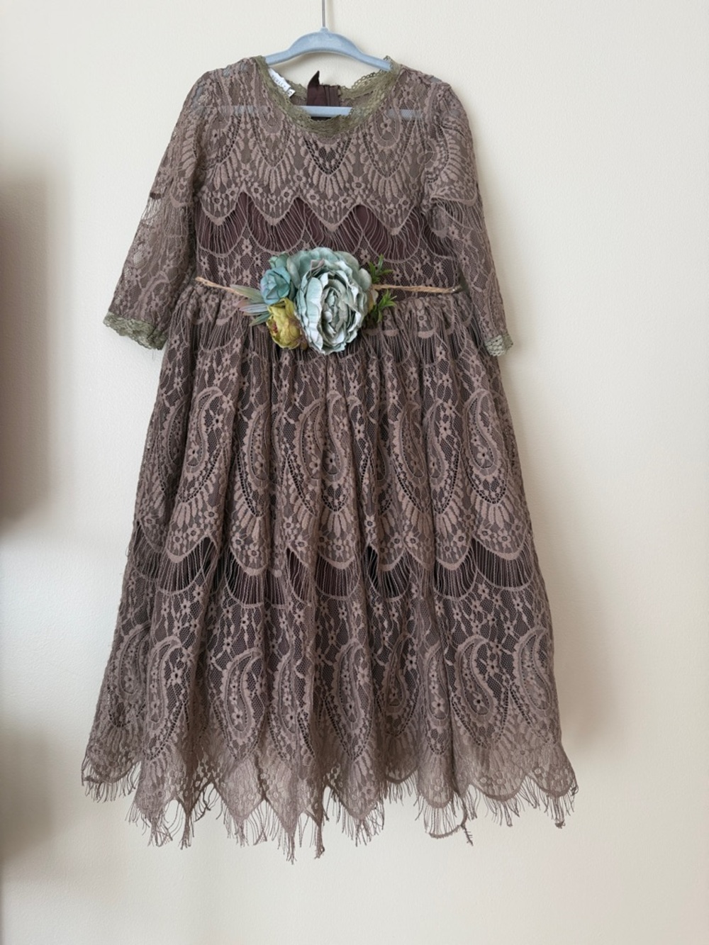 Girls' Taupe Lace Formal Dress with Floral Waist Accent NWT